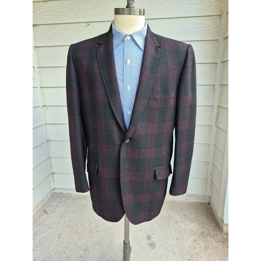 Hickey Freeman Customized Mens Plaid Blazer Sport Coat Black Red Sz 44 R‎ VTG